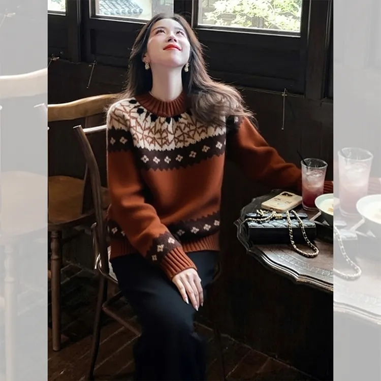 别致独特漂亮咖色针织小衫外出新款费尔岛毛衣女秋冬洋气高贵上衣