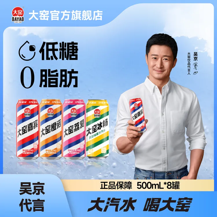 大窑汽水国货碳酸饮料嘉宾果味橙味荔枝凤梨味汽水500ml*8罐T