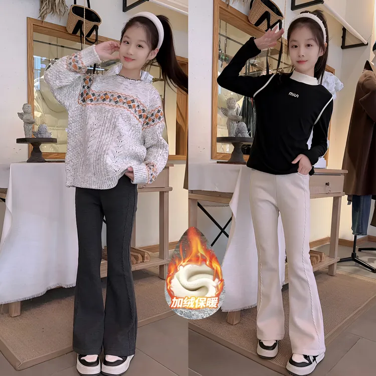 女童加绒喇叭裤冬装新款中大童6-12岁韩版冬季修身微喇裤学生裤子