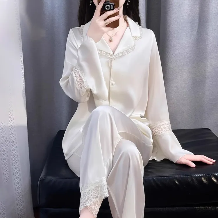 tpvl2025新款水光绸法式睡衣女春秋家居服套装高级感蕾丝边杏白色