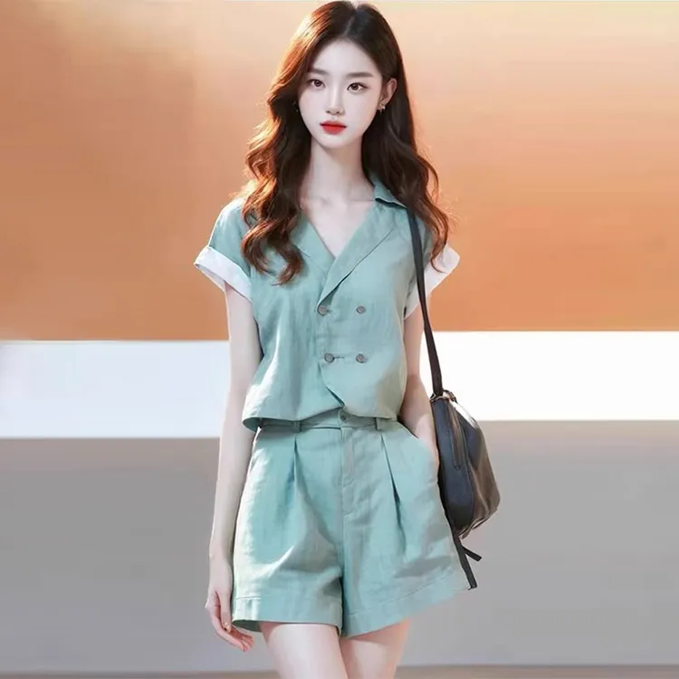 夏日穿搭一整套2025轻熟小个子清纯系茶里茶气别致上衣亚麻套装女