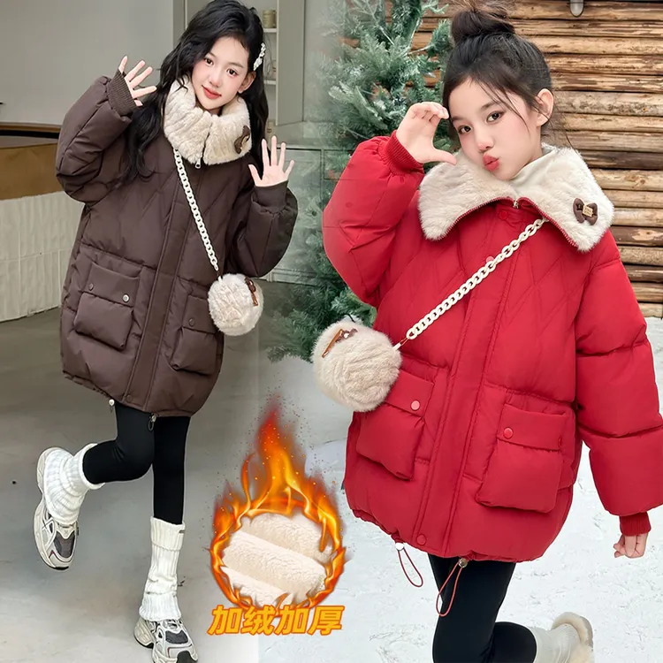 女童棉服外套加厚中大童保暖大翻毛领棉服过年服女孩冬季棉袄上衣
