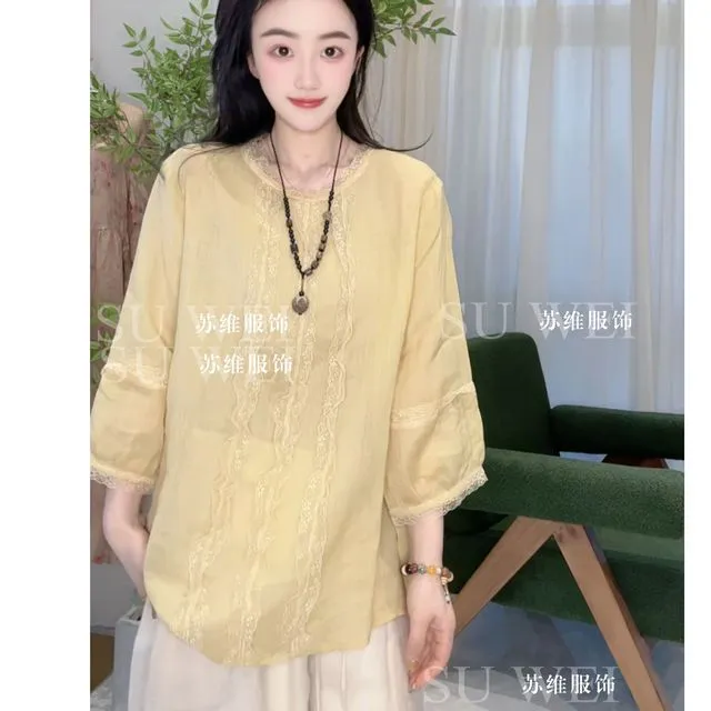 6215夏季镂空中袖薄款圆领碎花衬衫绣花百搭复古休闲气质蕾丝
