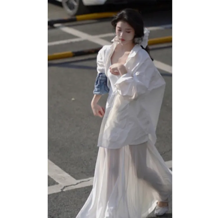 【现货】仙女裙 清冷艺术拼接网纱棉针织吊带裙+宽松显瘦白衬衫套装