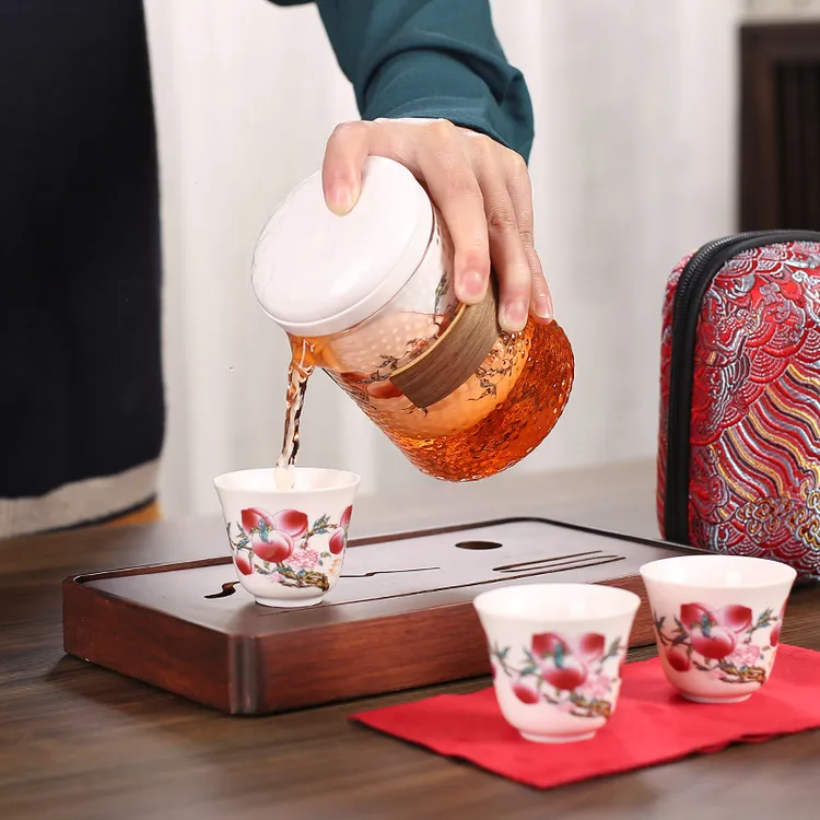 联谊九桃旅行茶具一壶三杯便携包功夫茶具户外随身快客杯泡茶壶