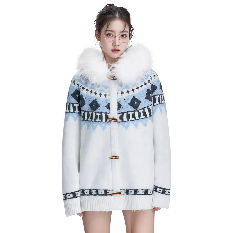 FDR WSP 可拆卸毛领费尔岛提花毛衣外套男女秋季情侣款撞色针织衫