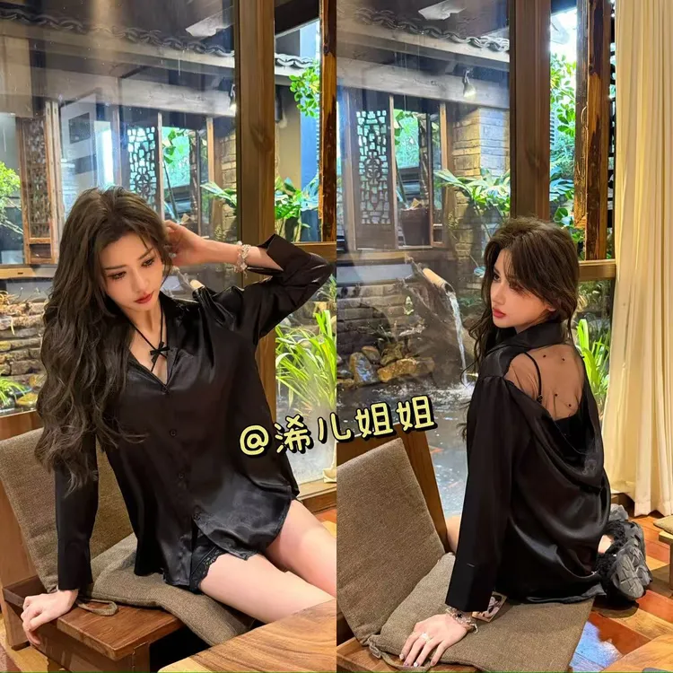 重工钉珠网纱拼接缎面上衣