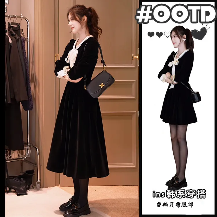 2025年新款秋季绝美小裙子小香风气质优雅收腰长袖内搭绑带连衣裙