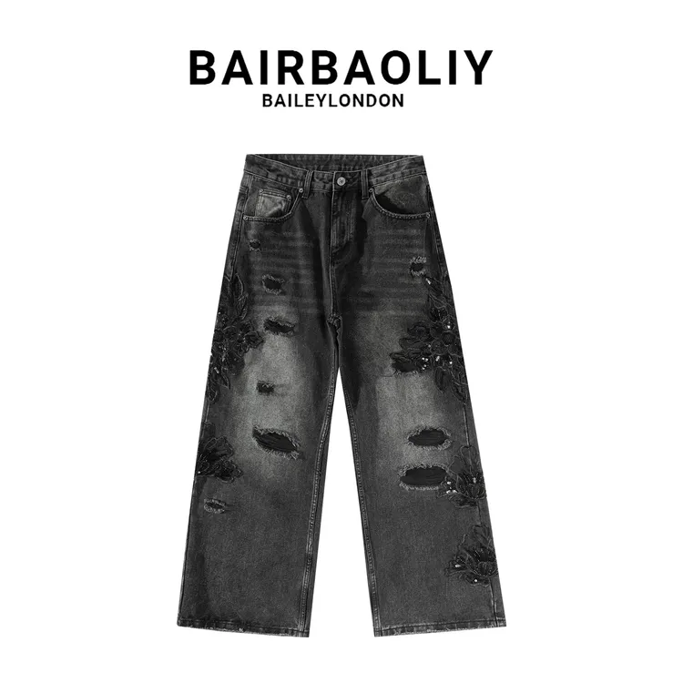 BAIRBAOLIY手工高定重工艺亮片花卉美式街头嘻哈破洞直筒牛仔裤男