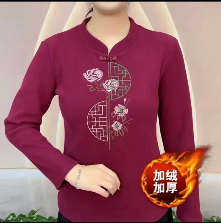【加绒加厚】新款时尚洋气百搭气质打底衫女士长袖上衣 刺绣款