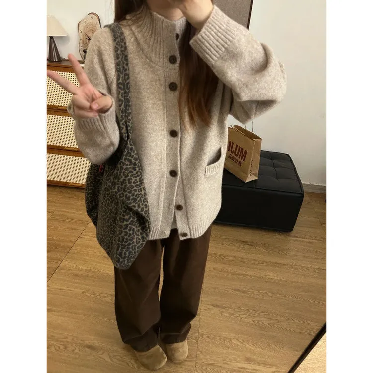 燕麦色立领毛衣开衫外套男款秋冬季老钱风穿搭保暖宽松针织衫上衣