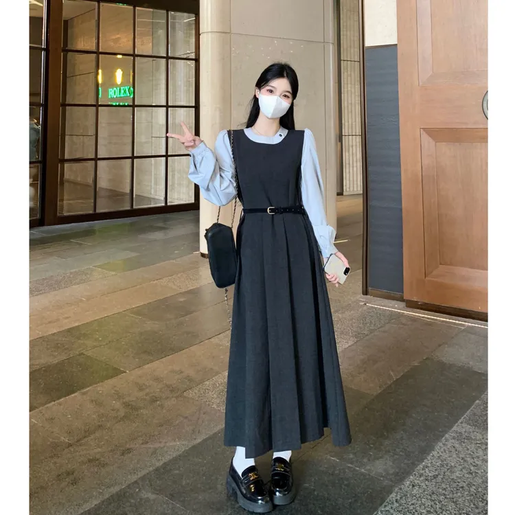 微胖显瘦法式假两件长袖连衣裙收腰显瘦韩系氛围感穿搭长裙女