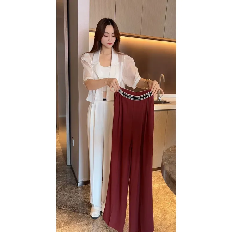  名媛风气质洋气西装领欧根纱上衣女显瘦织带拼接西装阔腿裤长裤