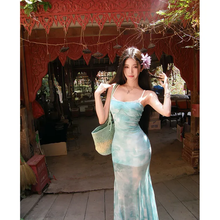 【花纱织梦】chic网红氛围感网纱印花吊带裙花边拼接刺绣鱼尾裙