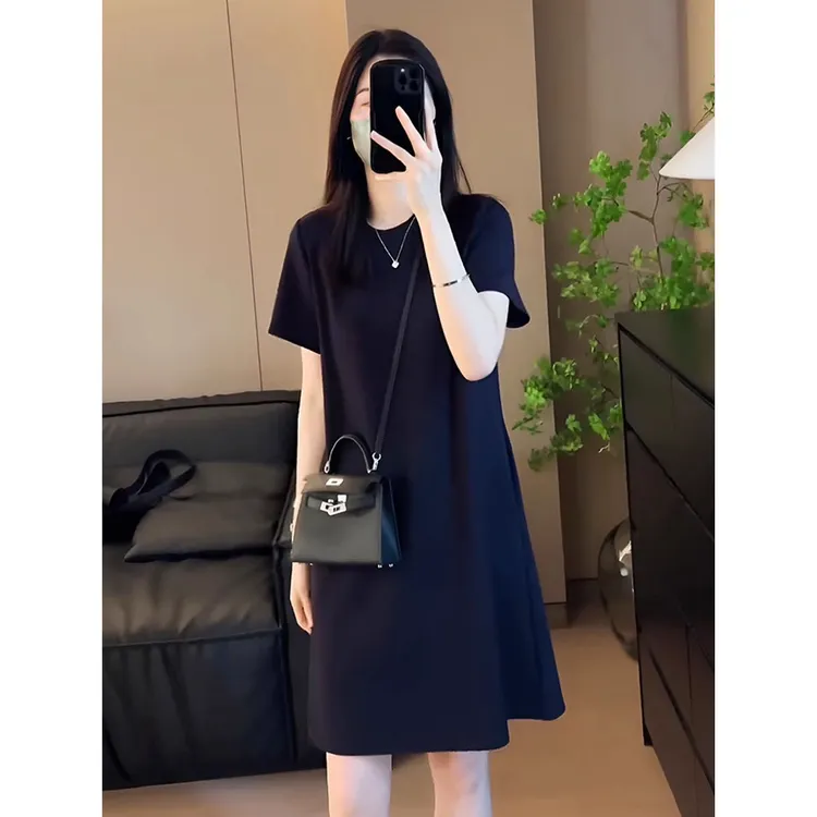 法式高级感短袖黑色连衣裙2025新款女夏季宽松显瘦休闲气质中长裙