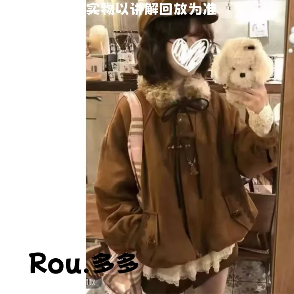 「Rou.多多」新款毛领秋冬季美式时尚套装复古短外套上衣韩版套装