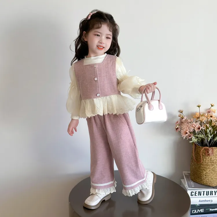 女童秋装套装2025新款洋气儿童花边马甲女宝宝春秋款灯芯绒三件套