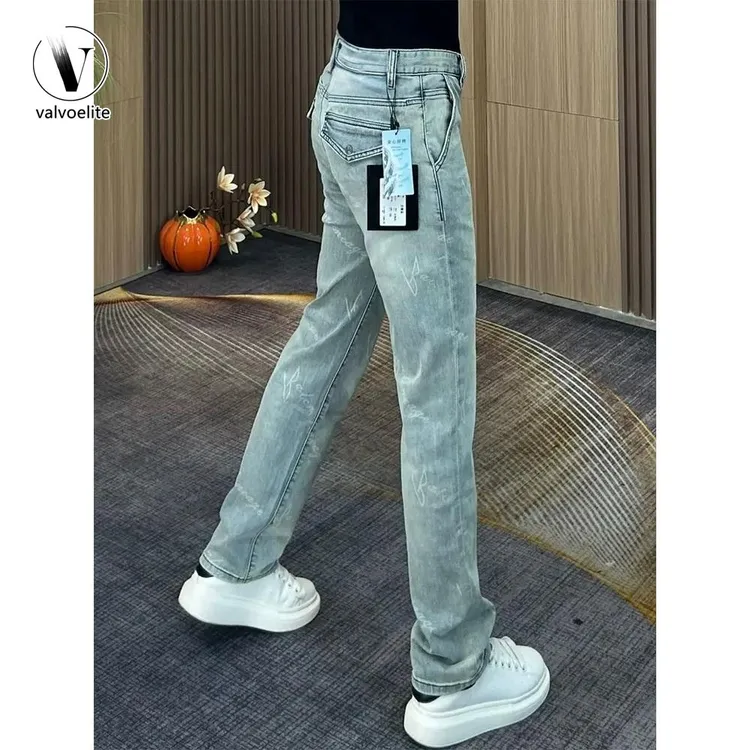 VALVOELITE经典男子牛仔裤秋季新字母印花修身多用途拉伸直休闲裤