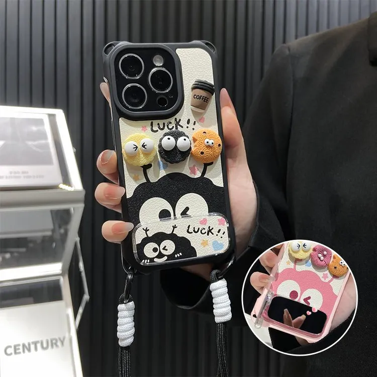 奥菲顿可爱咖啡煤球公仔适用苹果16四角挂绳手机壳华为oppo小米15