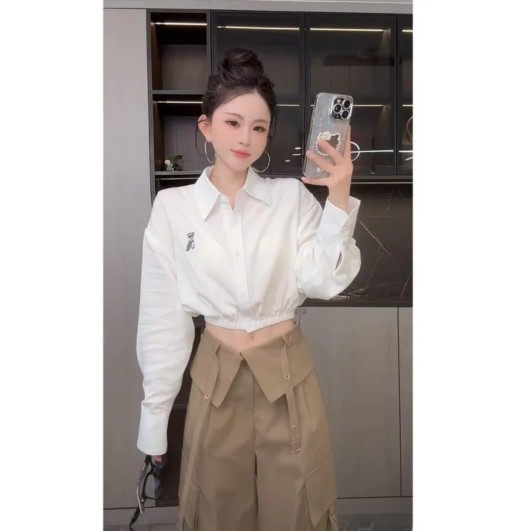 曼曼【腰精衬衣】polo领短款露腰衬衫3755#