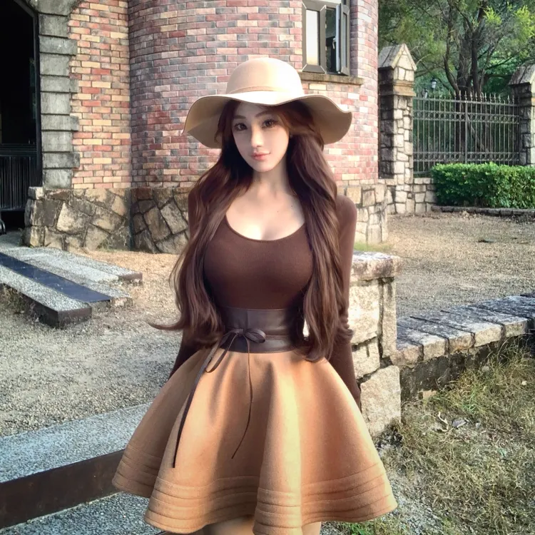 WW原创「棕调简装2.0厚版」显瘦气质网红时尚小众设计上衣半裙套装