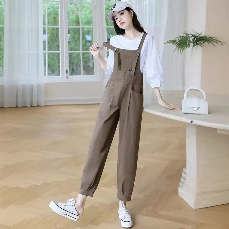 拉夏贝尔休闲背带裤连体裤女2025春秋季新款韩版减龄直筒时尚裤子