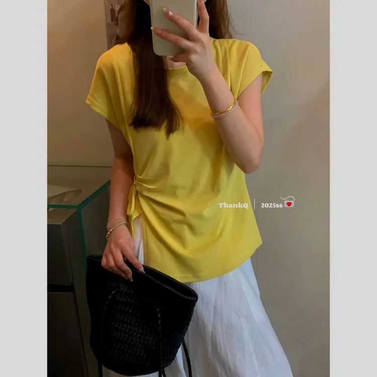 夏季时尚显瘦百搭系带短袖T恤女减龄修身上衣