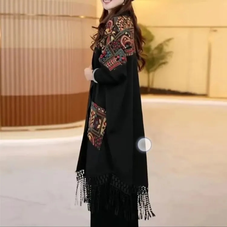 秋季薄款针织外套妈妈时尚小香风流苏设计拼接时尚中长款大码披肩