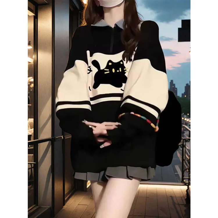 半拉链polo领卫衣女美式复古学院风秋冬加绒加厚长袖上衣港味chic