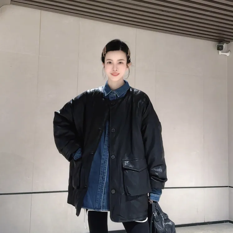 【芬芬姐精选】冬季羽绒服新款含棉PU仿皮时髦风衣外套时尚洋气