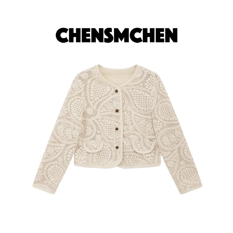 CHENSMCHEN 100%棉重工蕾丝钩花外套女精致百搭显瘦上衣CSW5816RH