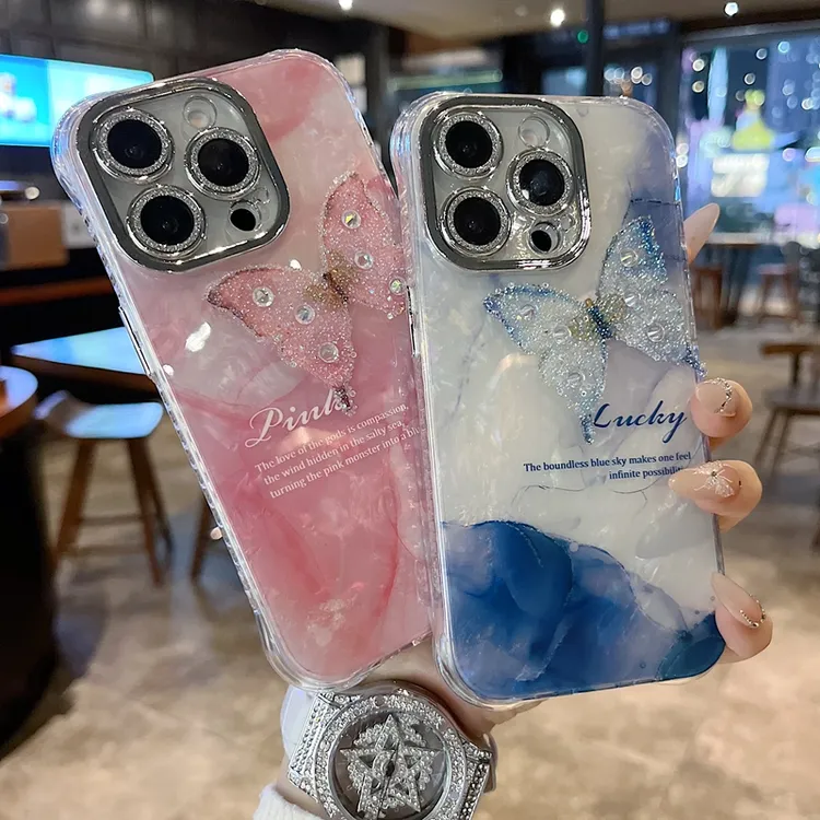适用苹果系列iPhone新款手机壳小众蓝色晕染闪钻蝴蝶全包防摔大孔