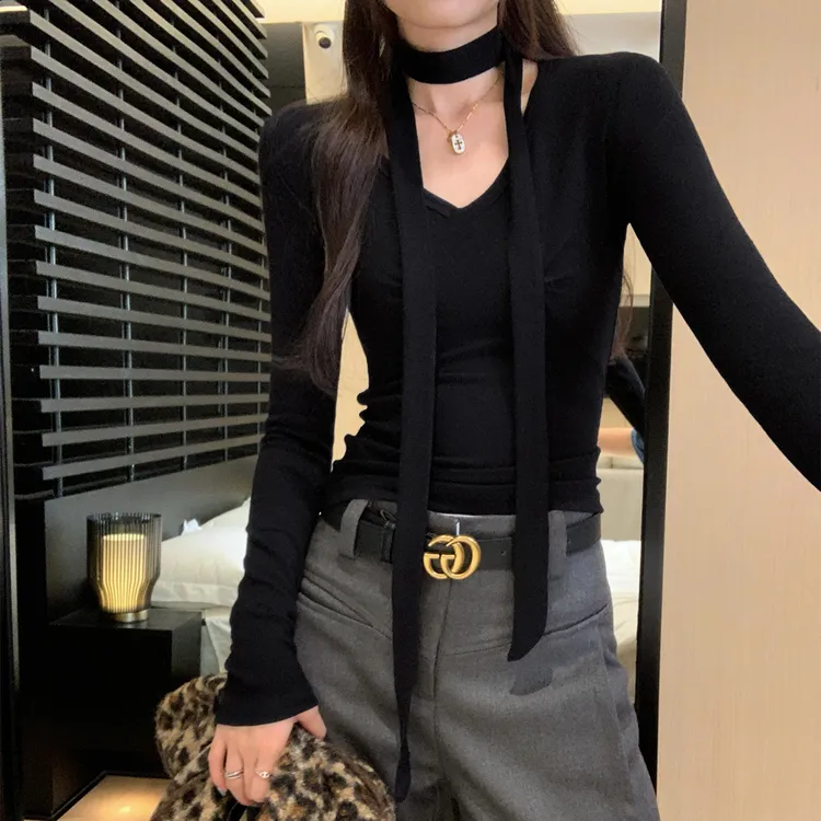 hello现货早秋别致围脖飘带羊毛长袖T恤女2025新款独特超好看上衣