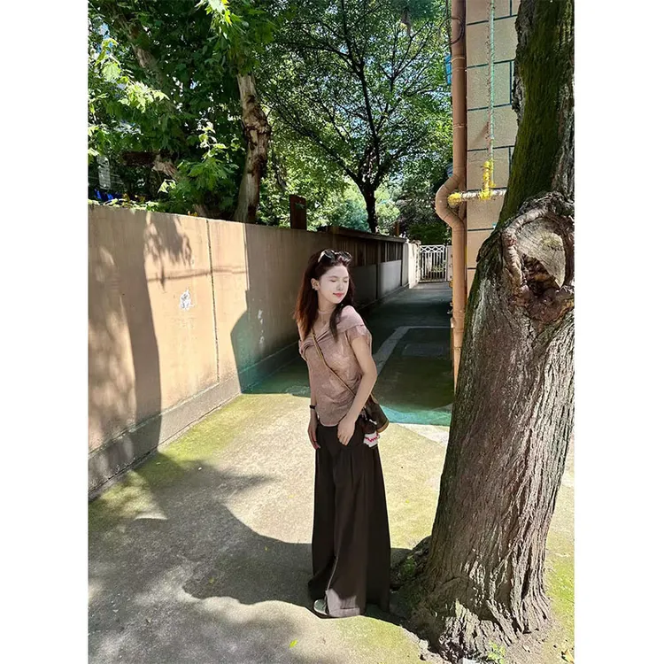 纯欲辣妹风纯色斜肩上衣两件套女夏季2025新款高腰休闲宽松阔腿裤
