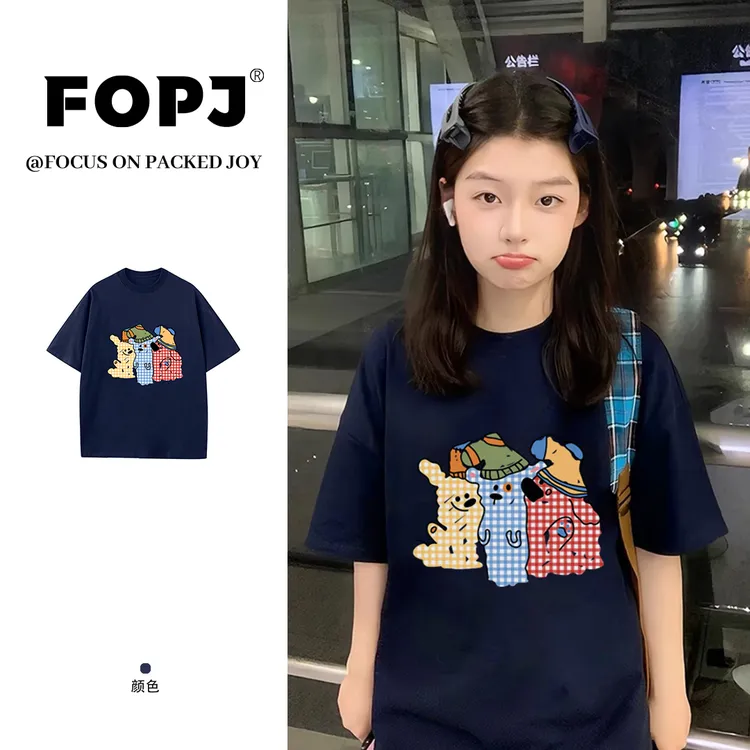 FOPJ美式复古学院风穿搭夏季短袖t恤女宽松显瘦百搭圆领半袖上衣