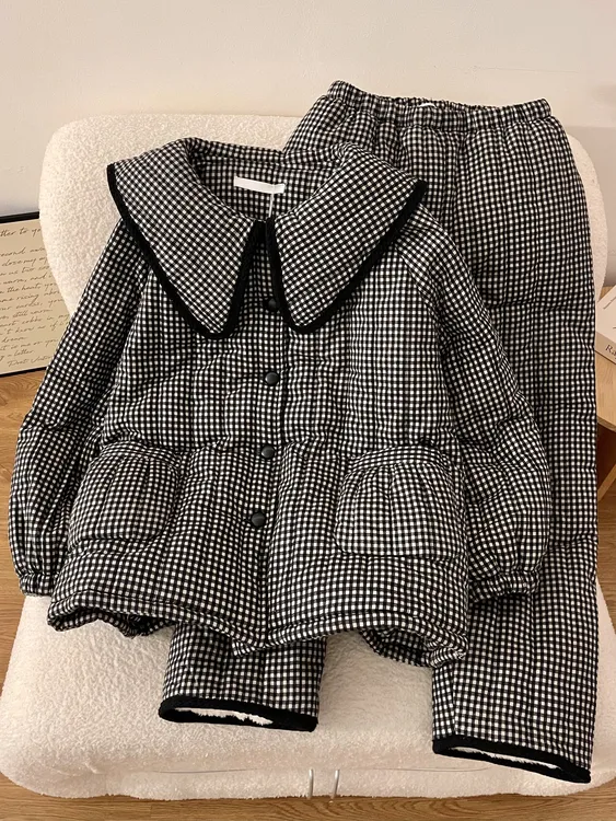 【DMXJ大梦想家】韩版格纹高级感夹棉睡衣女冬款加绒保暖家居服套装