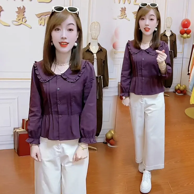 休闲简约百搭娃娃领衬衫女2025春秋新款减龄气质修身显瘦长袖上衣