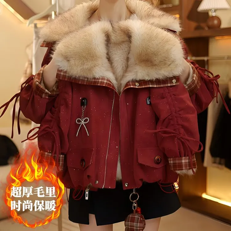 亲子装冬季外套2025新款母女装加绒加厚大翻领毛毛衣女童妈妈同款