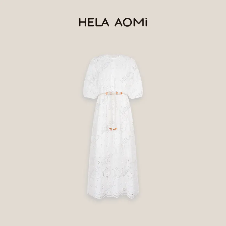 HELA AOMI“仙本那”莱赛尔镂空刺绣连衣裙气质度假长裙CY5BZ72826