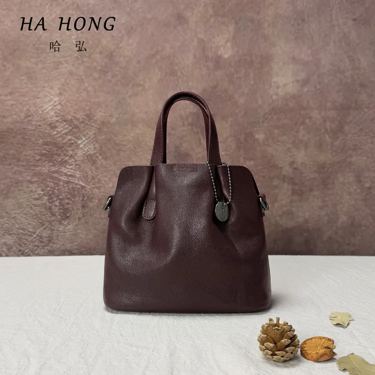 哈弘植鞣头层牛皮真皮单肩斜挎手提包软皮复古百搭简约日常通勤包