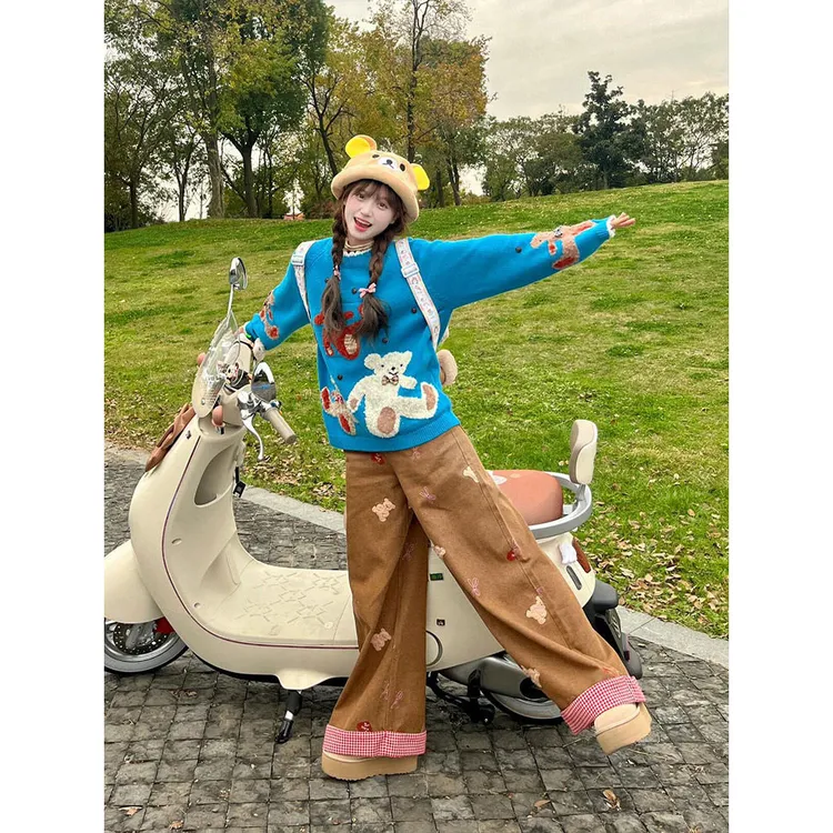 双腰头可爱小熊刺绣牛仔裤女夏季美式设计感直筒休闲慵懒阔腿裤子