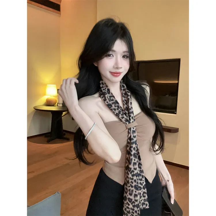 欧美别致豹纹丝巾挂脖吊带背心女外穿夏季辣妹抹胸带胸垫气质上衣
