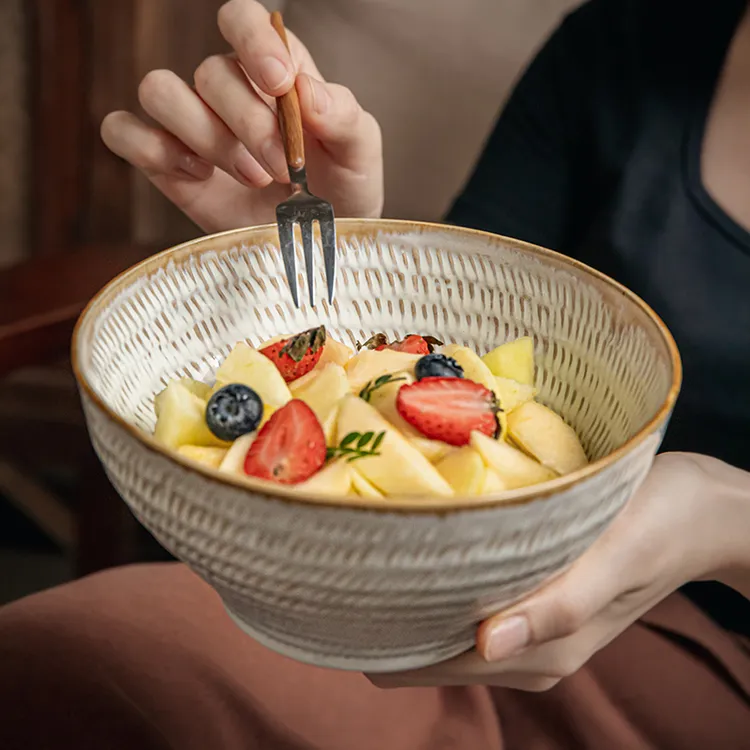 吃面刚好漂亮浮雕7英寸拉面碗复古高脚碗陶瓷碗泡面碗