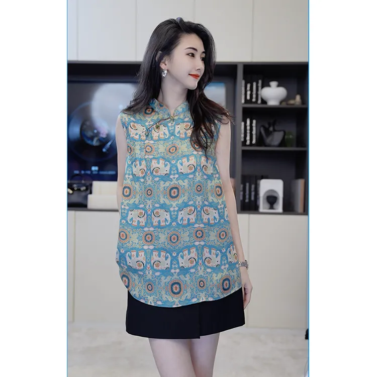 小乖逃25新中式国风盘扣无袖蓝色衬衫蓝色大象上衣圆圈印花M8713