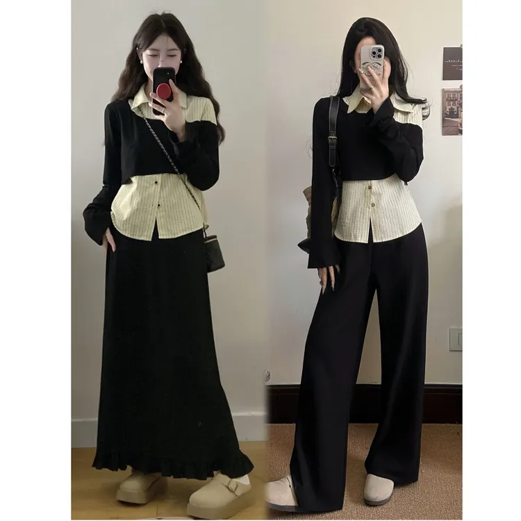  大码女装胖mm新款假两件拼接上衣休闲裙子裤子两件套