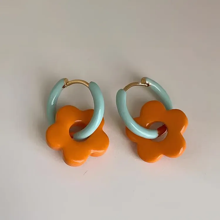 铜合金耳饰  橘蓝撞色滴油花朵耳扣女夏清新甜美简约百搭耳饰耳环