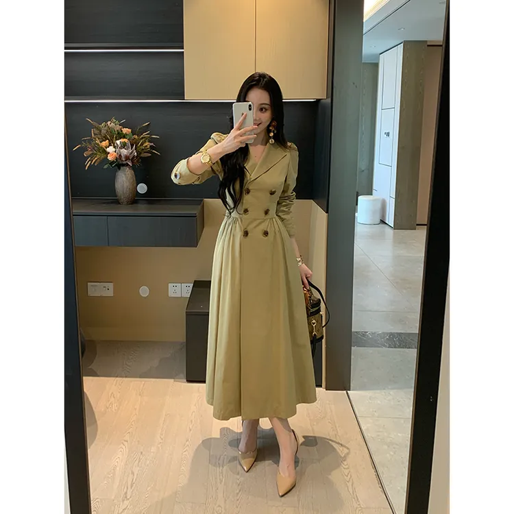XINYI【松茶情书】秋季斜纹风衣连衣裙收腰显瘦气质裙X625Q12170