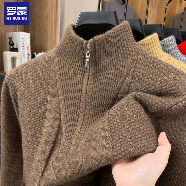罗蒙秋冬男士加厚半高拉链毛衣中青年时尚休闲轻商务保暖针织衫男