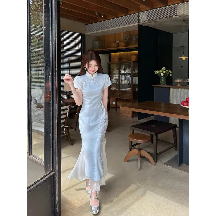 盈瓷仙仙竹韵新中式晕染蓝提花收腰刺绣修身显瘦改良旗袍裙