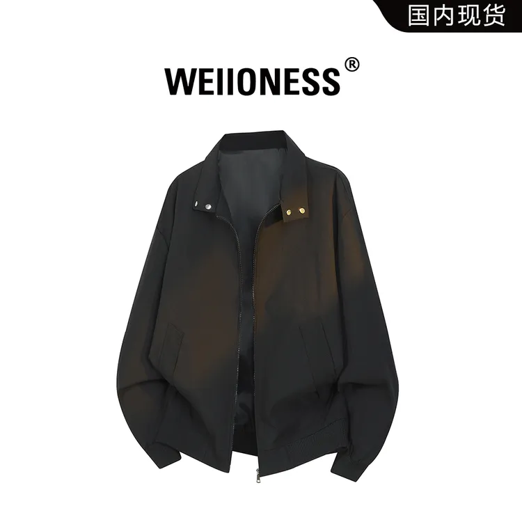 WEIIONESS飞行夹克翻领潮流男秋冬纯色简约外套宽松轻奢痞帅衣服